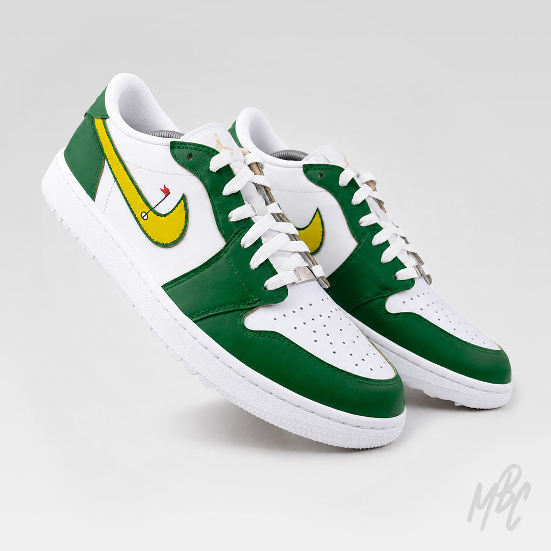 Custom Nike Air Jordan 1 Low Golf Putting Greens 2.0 sneakers pair in green, white and yellow colourway
