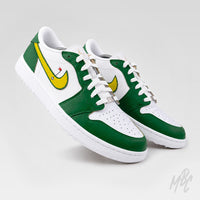 Custom Nike Air Jordan 1 Low Golf Putting Greens 2.0 sneakers pair in green, white and yellow colourway