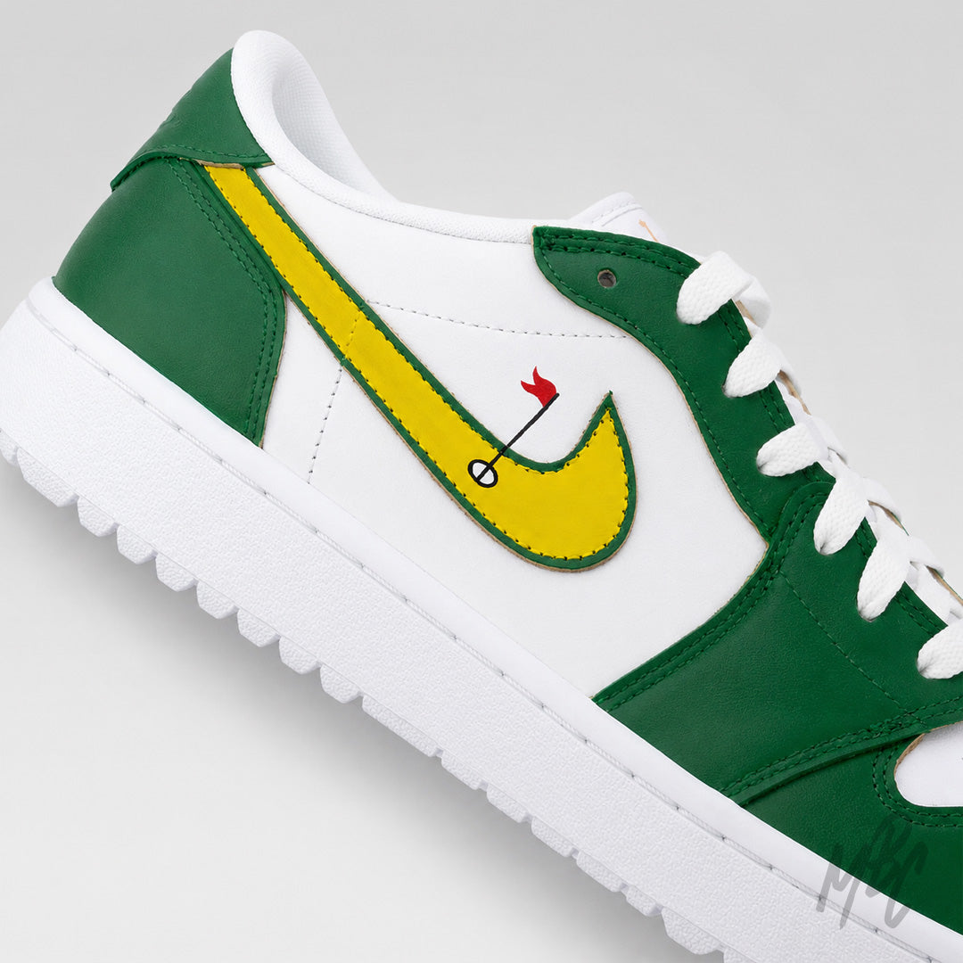 Close-up of custom Nike Air Jordan 1 Low Golf Putting Greens 2.0 with hand-painted yellow swoosh and flag detail