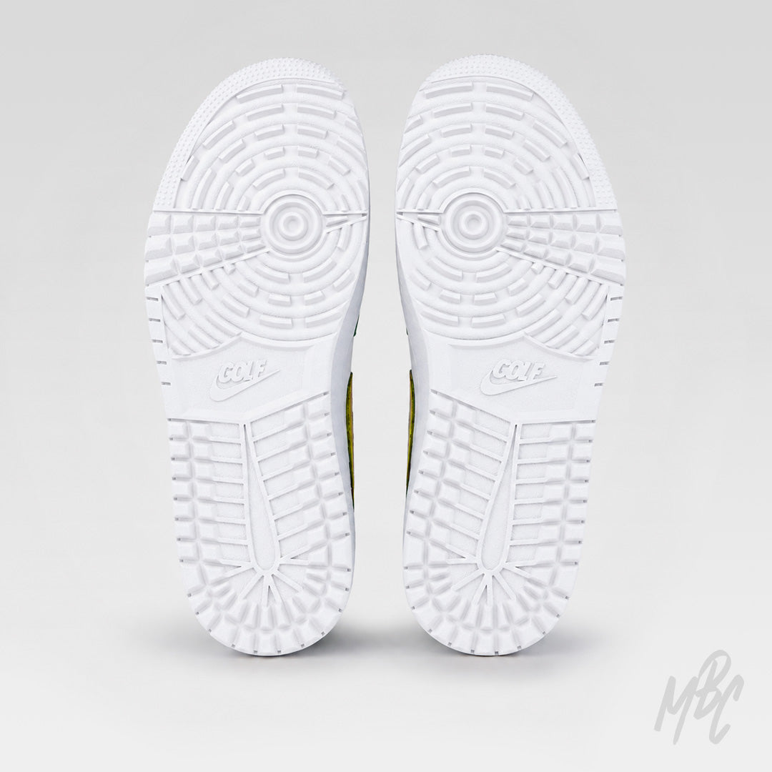 Nike Air Jordan 1 Low Golf outsole showing traction pattern on Putting Greens 2.0 custom golf sneakers