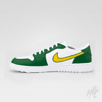 Nike Air Jordan 1 Low Golf Putting Greens 2.0 custom sneakers with green overlays and yellow swoosh