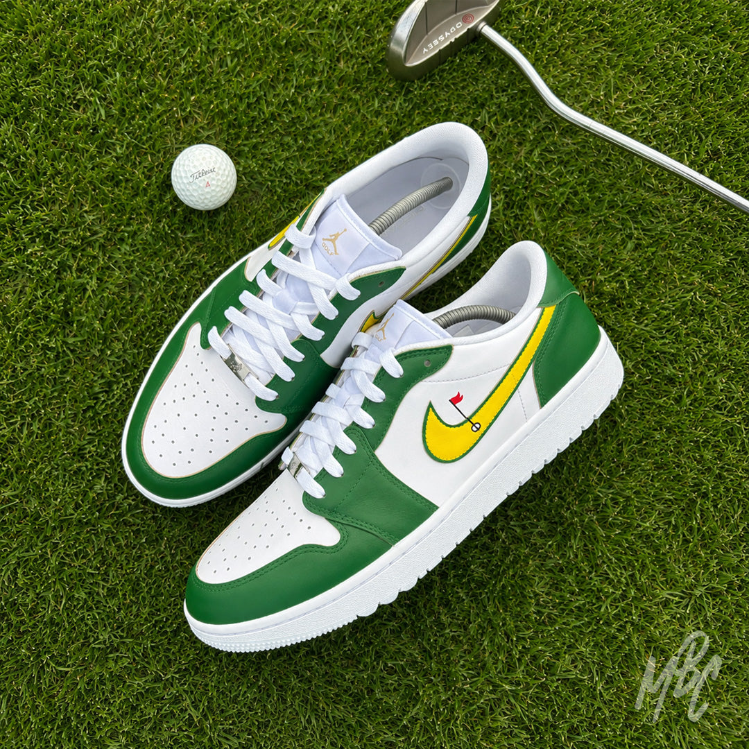 Nike Air Jordan 1 Low Golf Putting Greens 2.0 custom golf shoes on putting green with club and ball