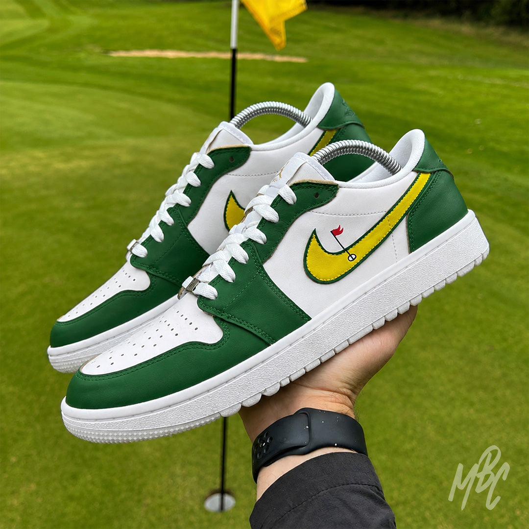 Nike Air Jordan 1 Low Golf Putting Greens 2.0 custom sneakers in hand on golf course, green and white golf shoes