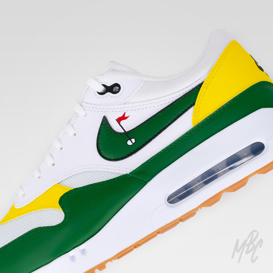 Putting Greens Nike Air Max 1 Golf Custom Sneakers in white, green and yellow