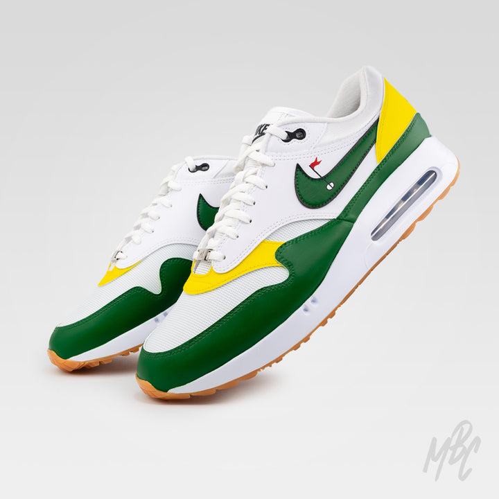 Putting Greens Nike Air Max 1 Golf Custom Sneakers in white, green and yellow