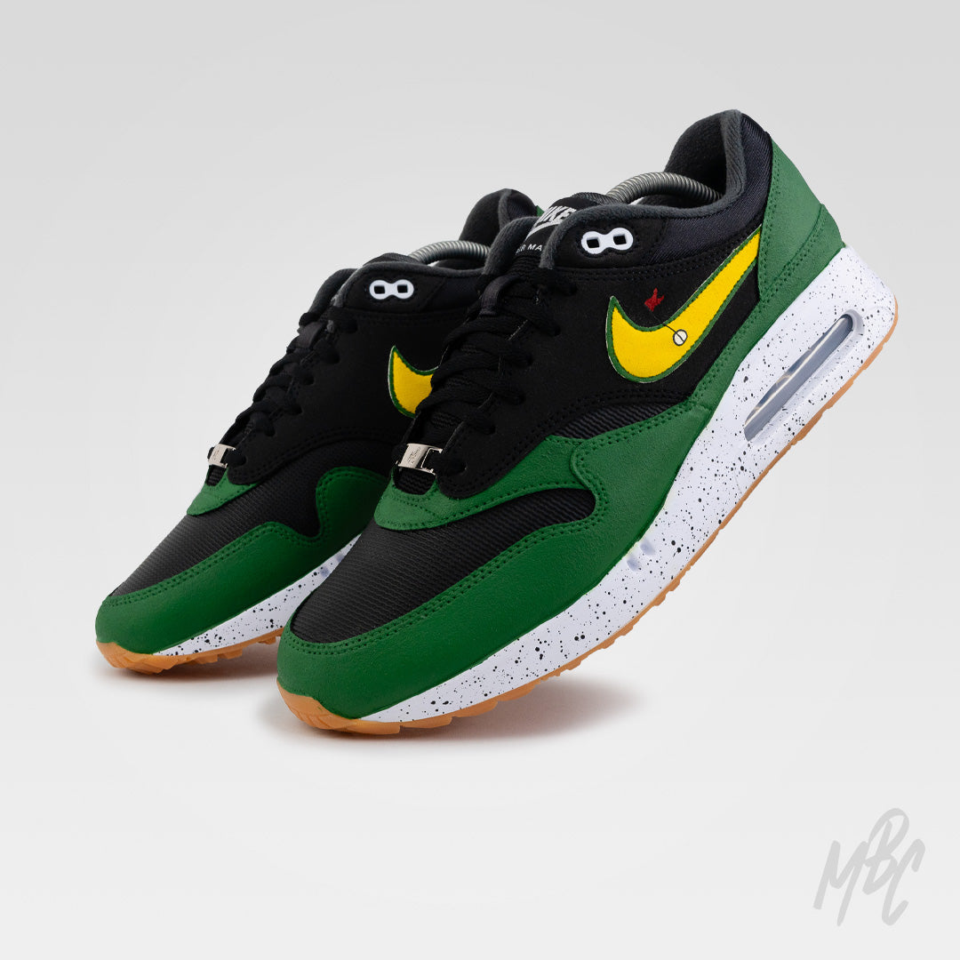 Putting Greens Air Max 1 custom golf shoes featuring green suede overlays, golf-inspired Swoosh detail and speckled midsole