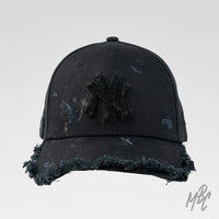 Raw Edge custom New Era NY cap in black with distressed finish, frayed brim and tonal NY logo