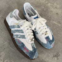 Re-Worked Denim Adidas Samba Custom Sneakers With White Fluffy Lace