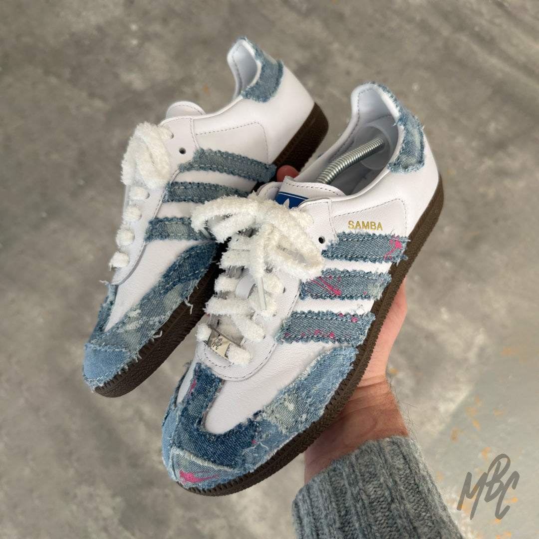 Re-Worked Denim Adidas Samba Custom Sneakers With White Fluffy Lace