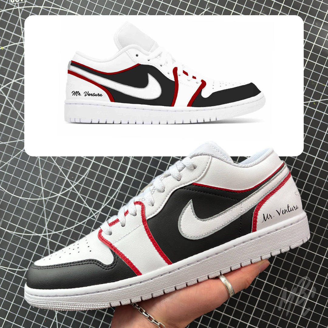 Custom Nike Jordan 1 Low wedding sneaker with black and red colourway, personalised surname detailing and matching mock-up design