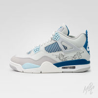 Custom Military Blue Jordan 4 Renaissance design featuring angel illustrations on white leather upper