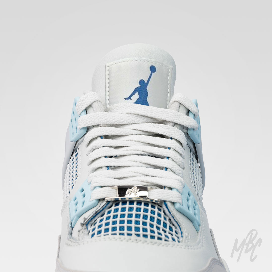 Custom Jordan 4 Renaissance with white tongue tab and blue Jumpman logo front view