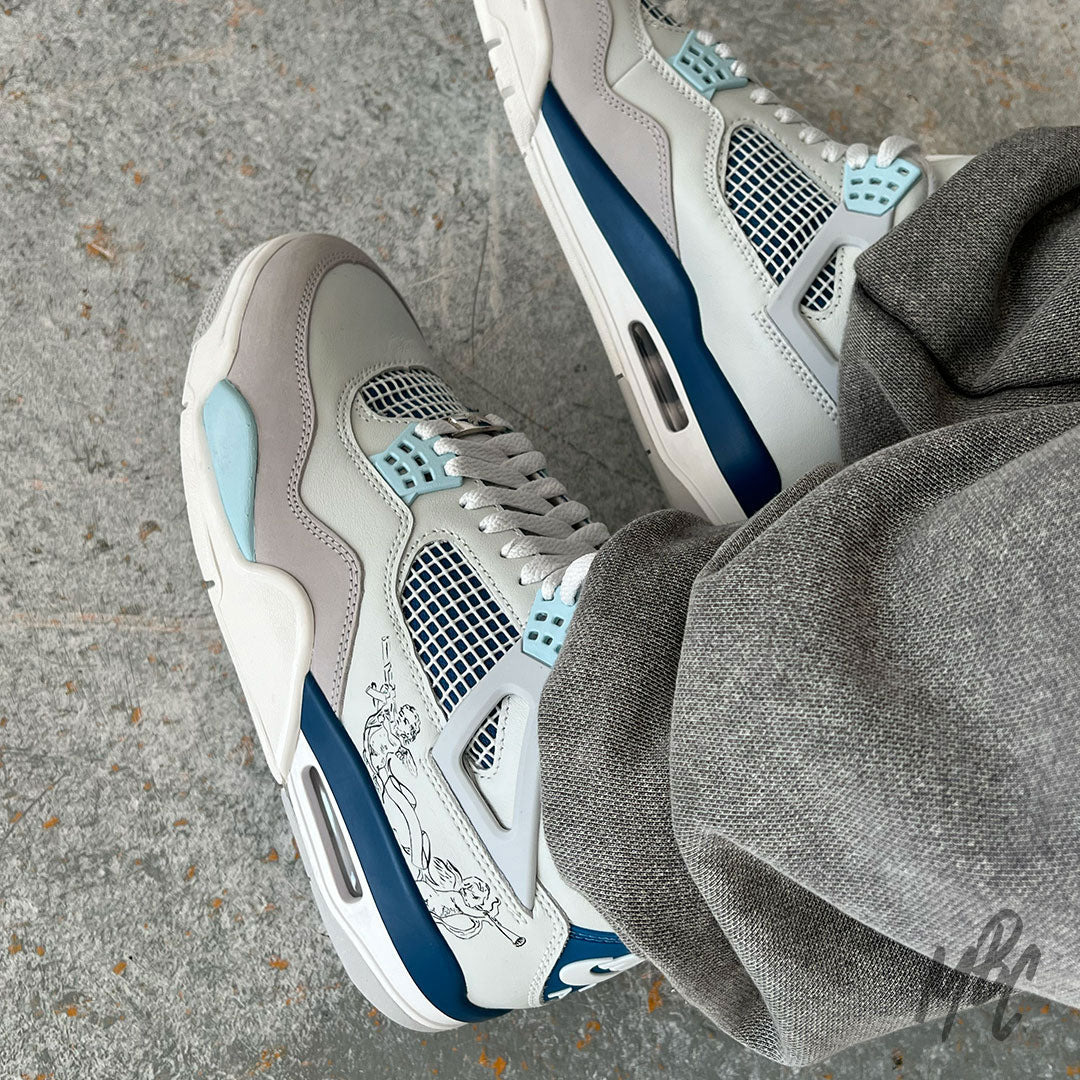 Renaissance custom Jordan 4 on foot top view with blue mesh panels and hand painted details