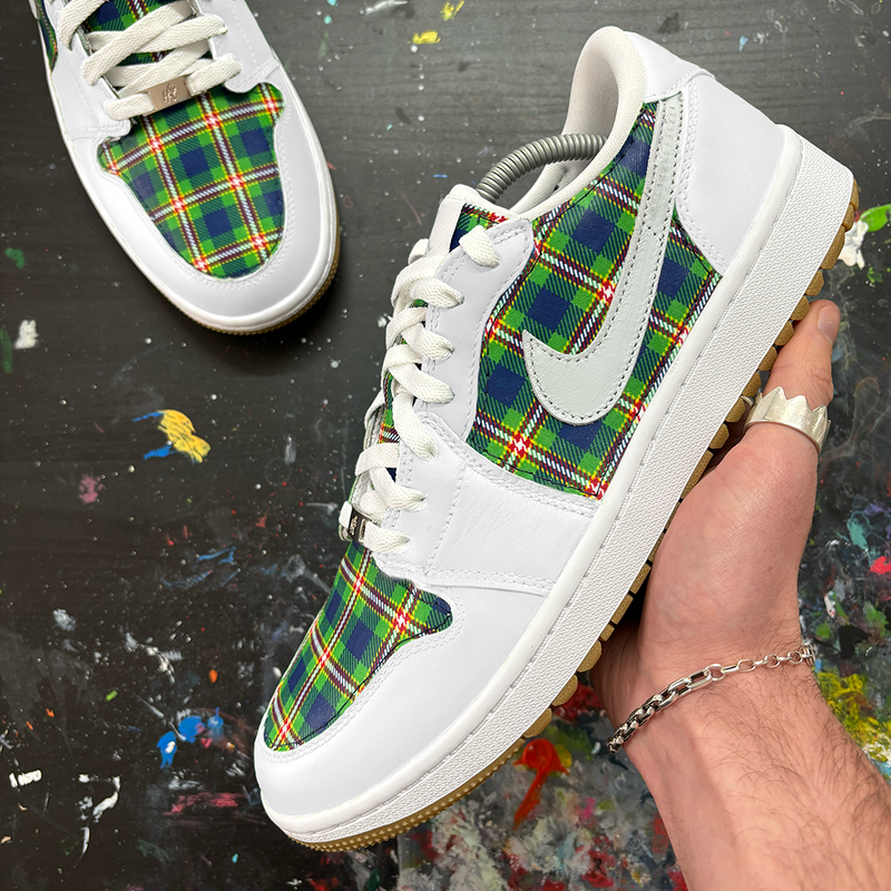 Custom Nike Jordan 1 Low featuring green tartan fabric panels with cut and sew sneaker customisation and personalised design options