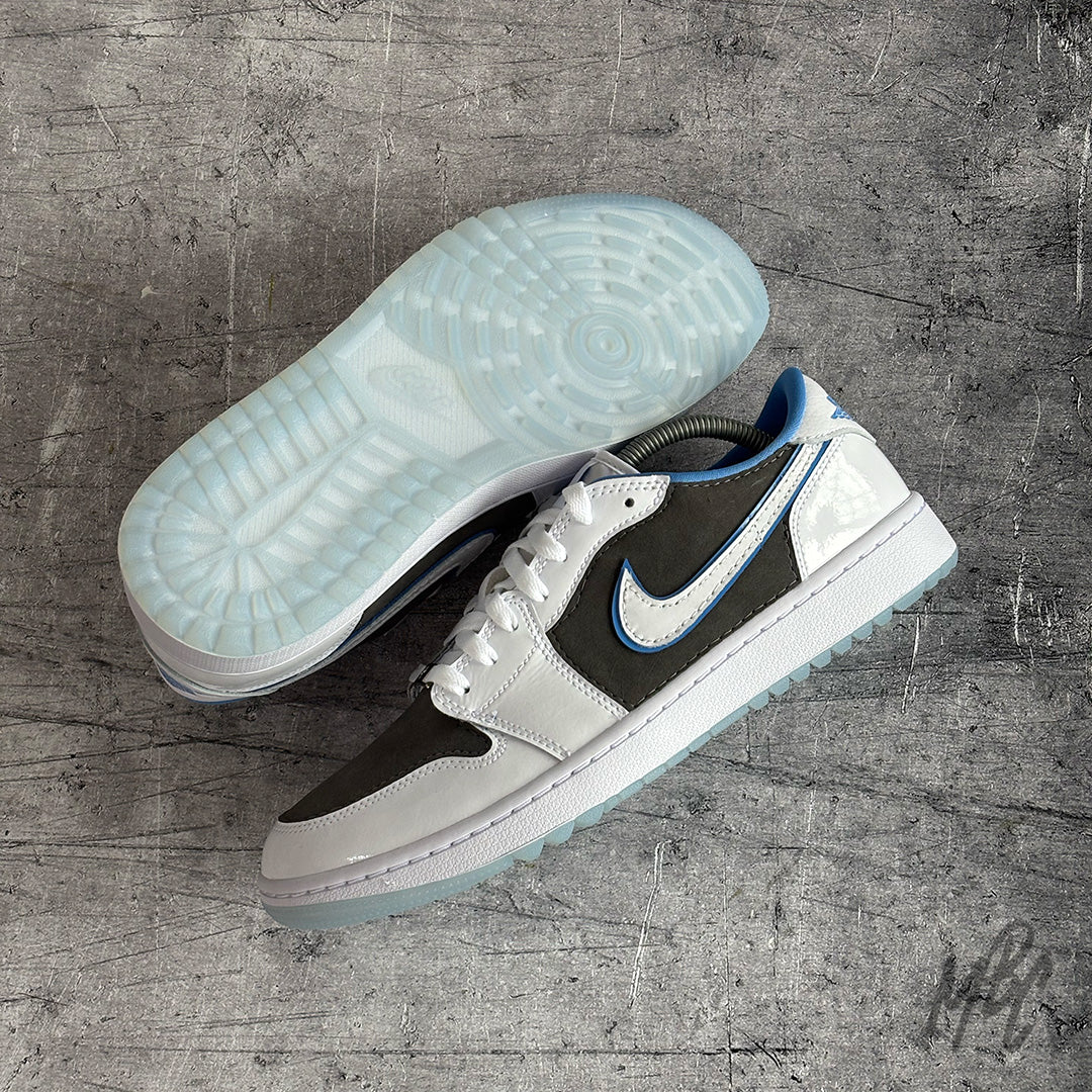 Custom White Nike Jordan 1 Low Golf Legend sneaker customised with slate grey suede material cut and sewn to the shoe 