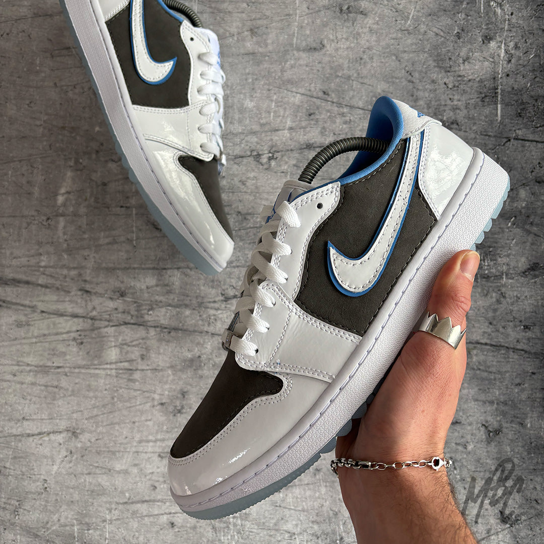 Custom White Nike Jordan 1 Low Golf Legend sneaker customised with slate grey suede material cut and sewn to the shoe 