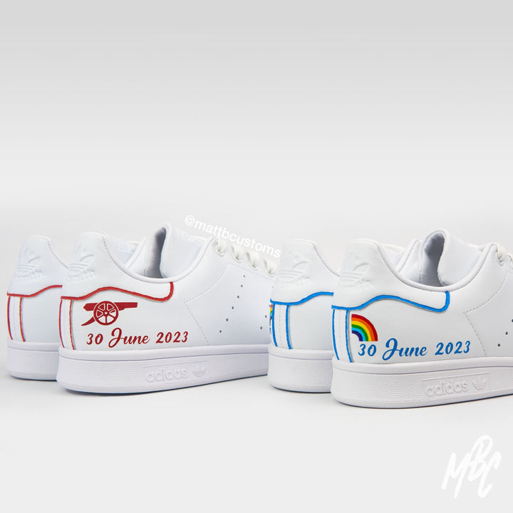 White Stan Smith Custom Shoes with Rainbow, Arsenal Logo and Wedding Dates