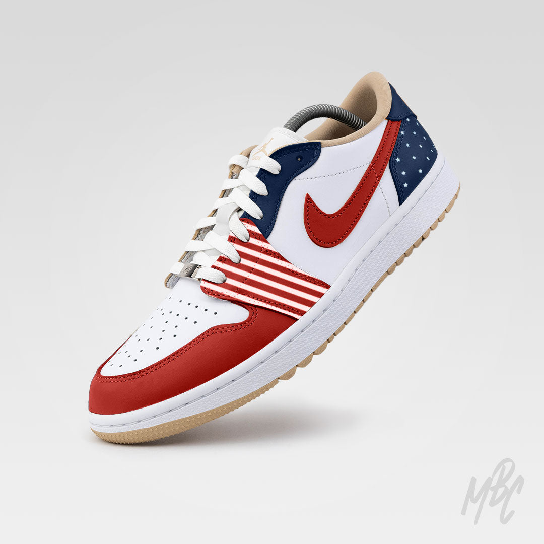 Stateside Drive custom Nike Air Jordan 1 Low Golf sneaker with red, white and blue USA inspired design