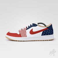 Custom Jordan golf shoes Stateside Drive Air Jordan 1 Low Golf with red swoosh, striped mid panel and star heel detail