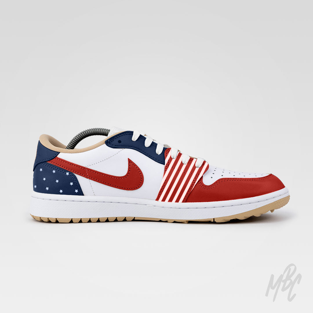 Custom golf shoes Nike Air Jordan 1 Low Golf Stateside Drive colourway with premium leather upper and gum sole