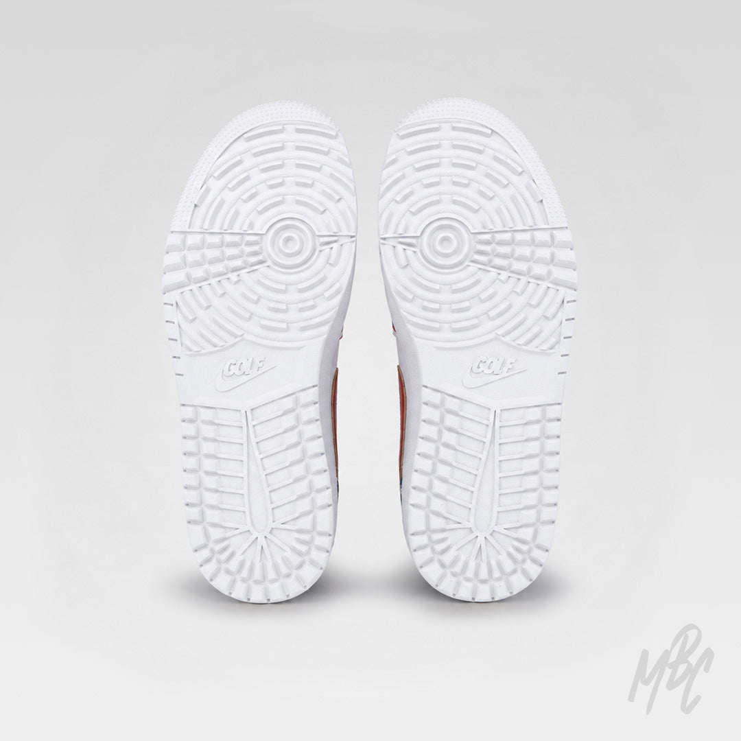 Stateside Drive custom Jordan 1 Low Golf sneakers featuring red, white and blue Americana-inspired design with striped overlays and star detailing