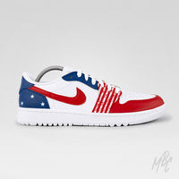 Outer side of the custom Stateside Drive Jordan 1 Low Golf with USA flag inspired artwork, red hand painted overlays and blue heel panel