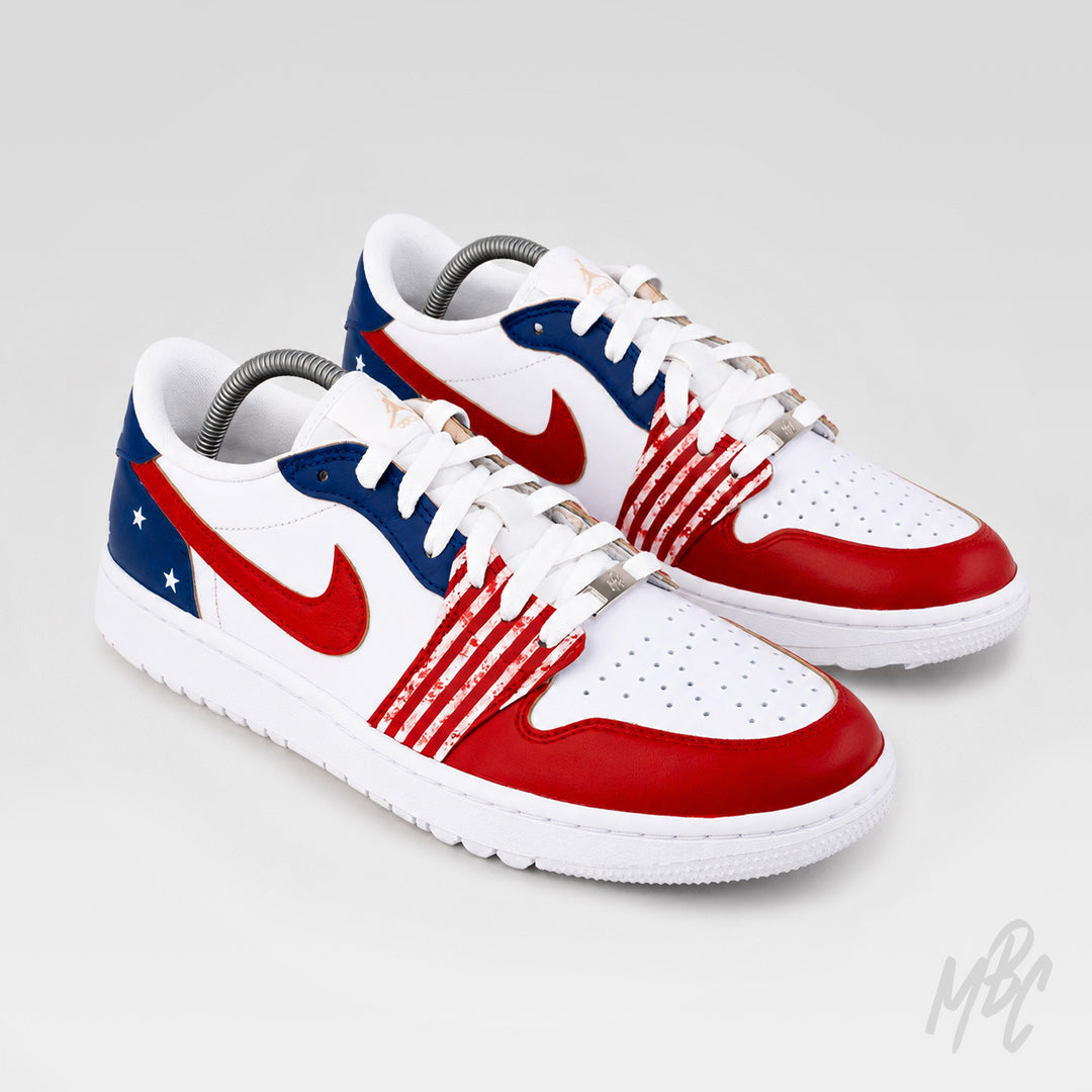 Custom Stateside Drive Jordan 1 Low Golf shoes with red, white and blue USA-inspired design by MattB Customs