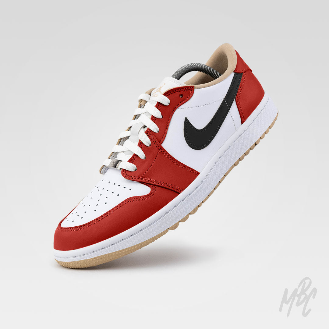 Sunday Red custom Nike Air Jordan 1 Low Golf sneaker with red and white leather panels and black swoosh