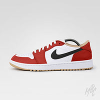Custom Jordan golf shoes Sunday Red Air Jordan 1 Low Golf with premium red overlays, white base and black swoosh