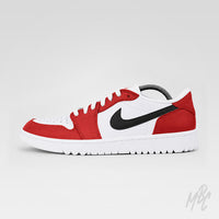 Custom Jordan golf shoes Sunday Red Air Jordan 1 Low Golf with premium red overlays, white base and black swoosh