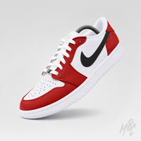 Sunday Red custom Nike Air Jordan 1 Low Golf sneaker with red and white leather panels and black swoosh