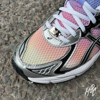 Close-up on-foot detail of hand-painted Asics GT-2160 Sunset Dip Dye pastel mesh upper