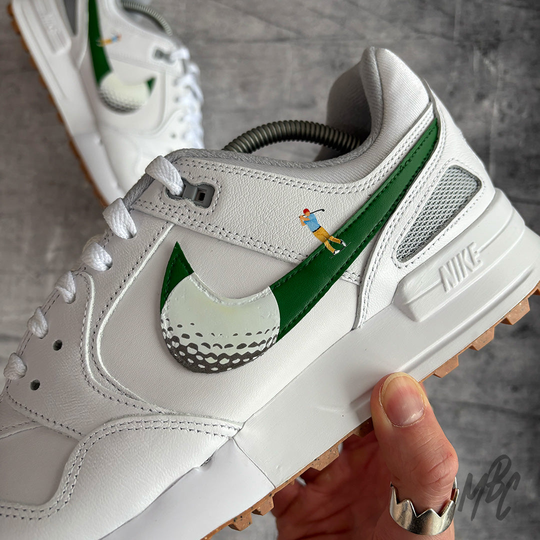 Custom Nike Pegasus 89 Golf sneaker customised with green swoosh and golfer hitting ball illusion