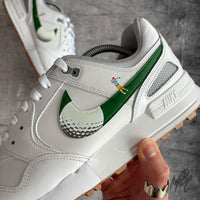 Custom Nike Pegasus 89 Golf sneaker customised with green swoosh and golfer hitting ball illusion