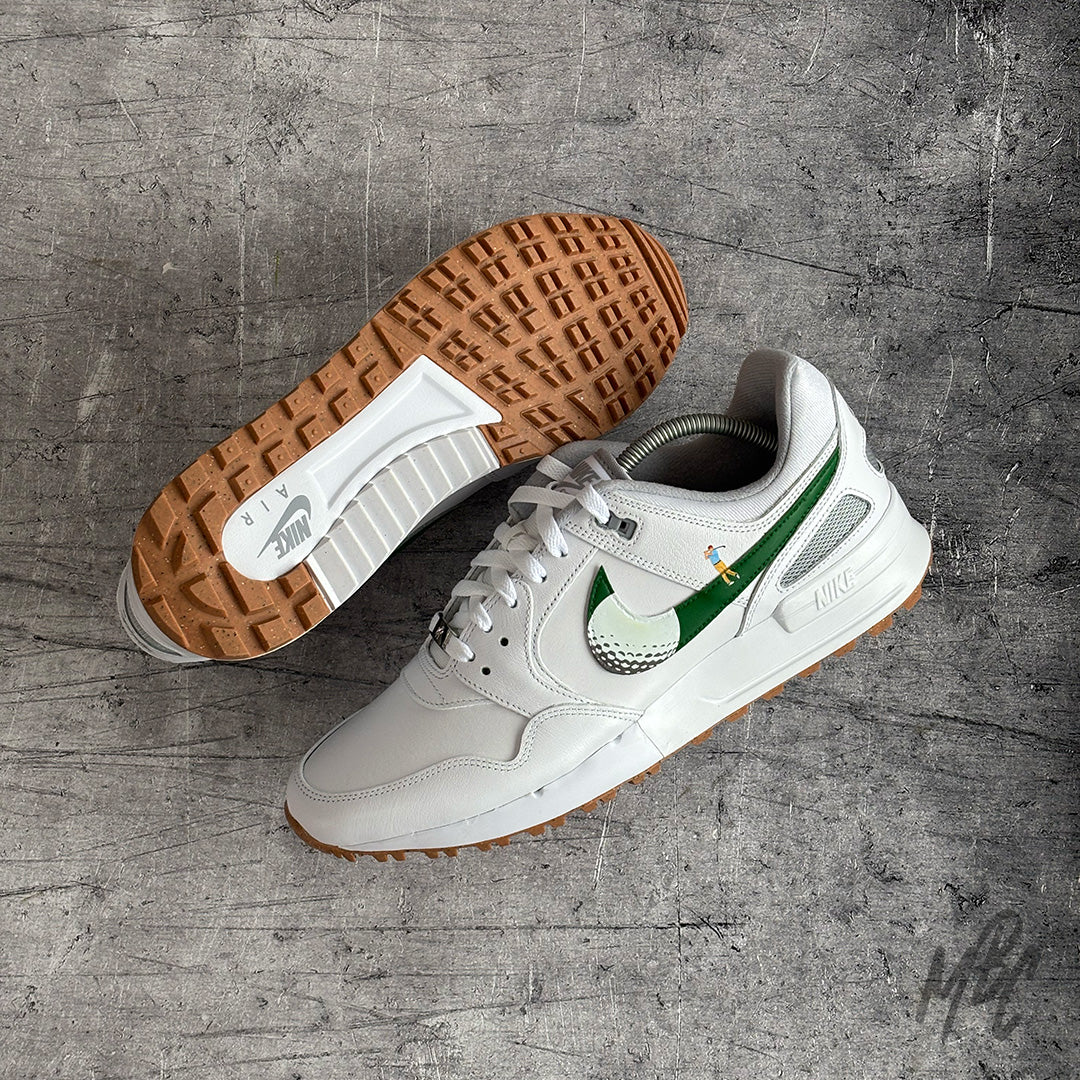 Custom Nike Pegasus 89 Golf sneaker customised with green swoosh and golfer hitting ball illusion