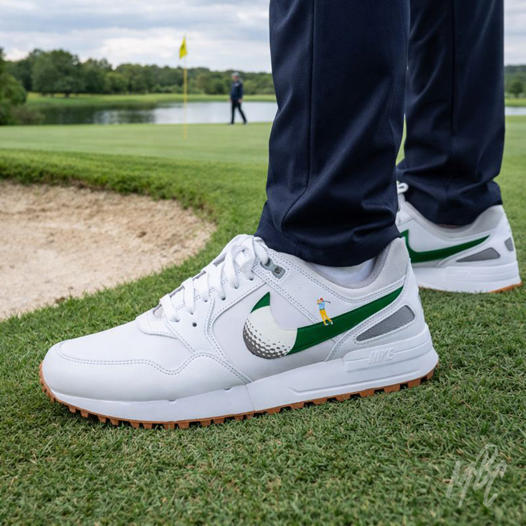 Custom Nike Pegasus 89 Golf sneaker customised with green swoosh and golfer hitting ball illusion. Custom Nike Pegasus 89 Golf sneaker on golf course