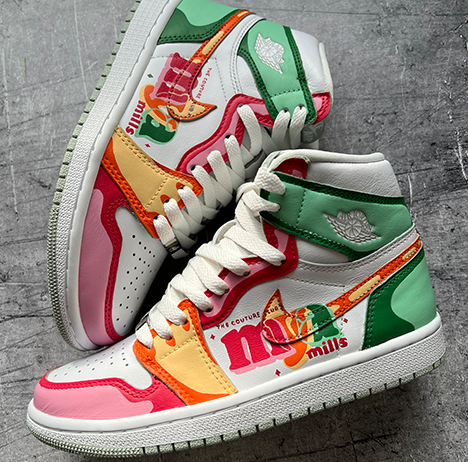 Custom Jordan 1 High sneakers with hand painted trippy colourway and Mya Mills x The Couture Club logo 