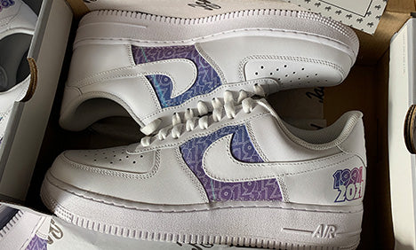 custom air force 1 shoes with custom printed material cut, glued and sewn to the swoosh boxes and an iron on vinyl