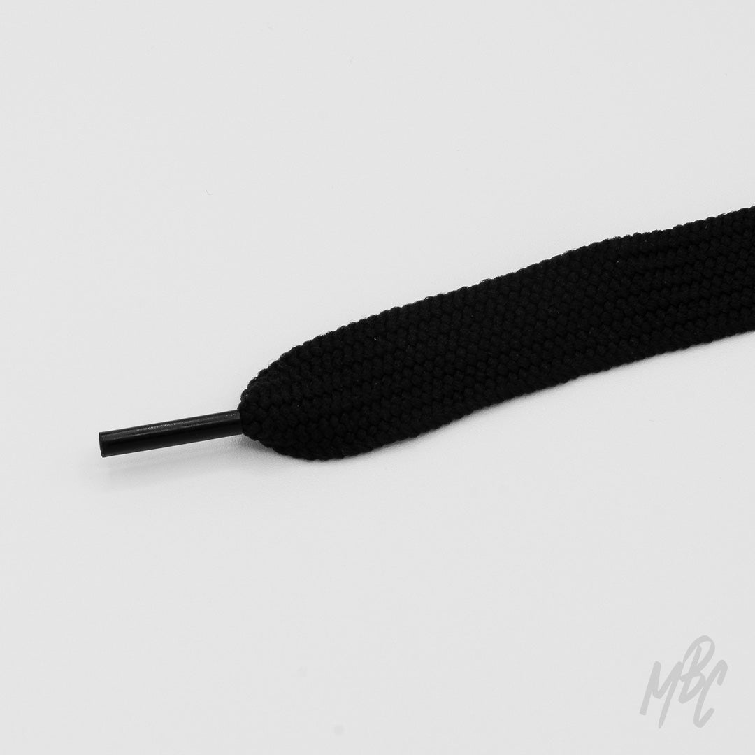 Black thick flat sneaker laces with durable woven construction and black aglets for custom trainers and sneakers