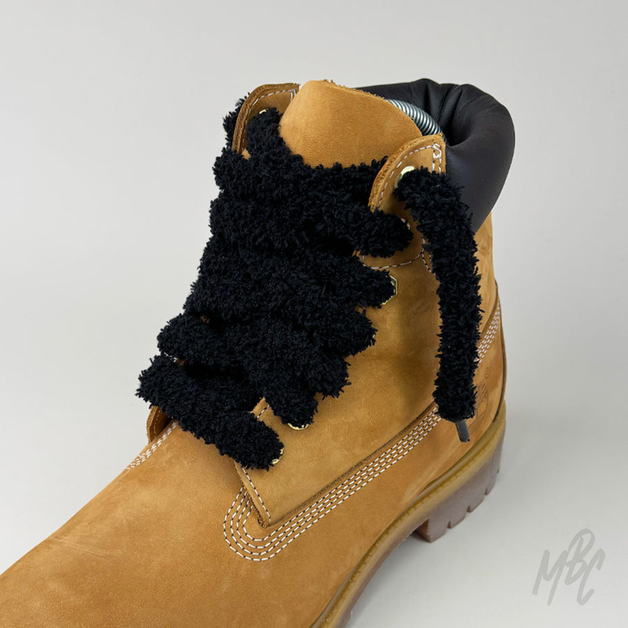 Black Thick Fluffy Shoelaces on Timberland Boot