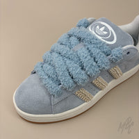 Blue Thick Fluffy Shoelaces on Adidas Blue Campus Custom Sneaker