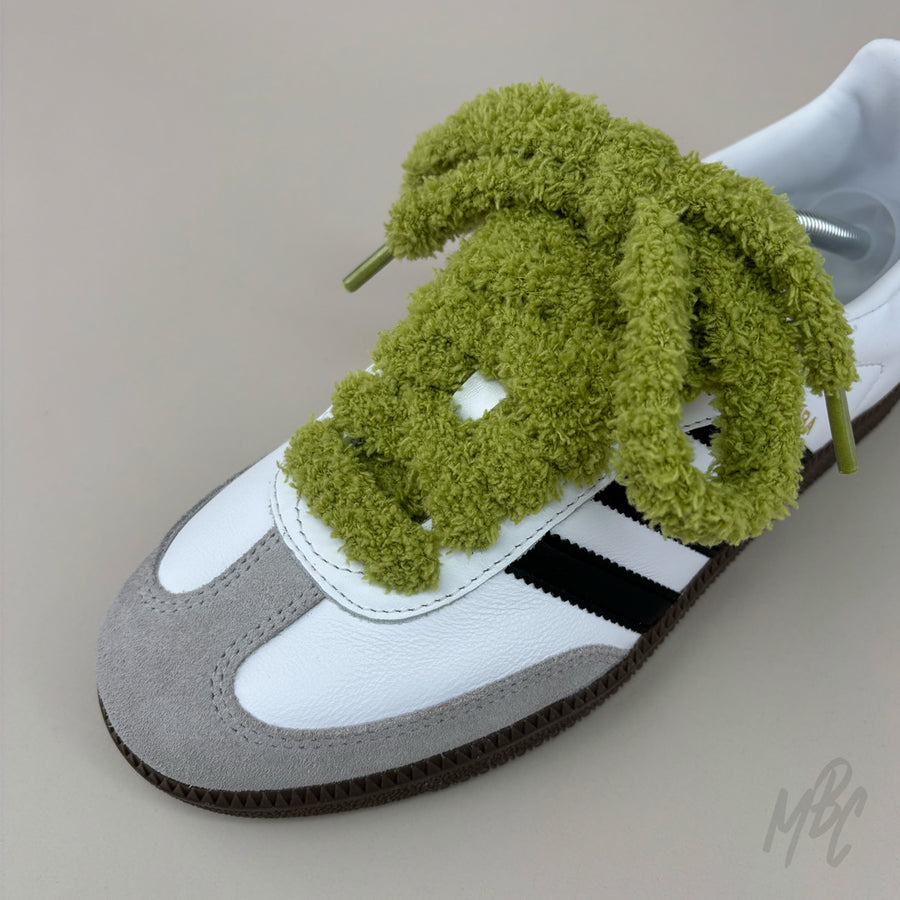 Green Thick Fluffy Shoelaces on Adidas Samba