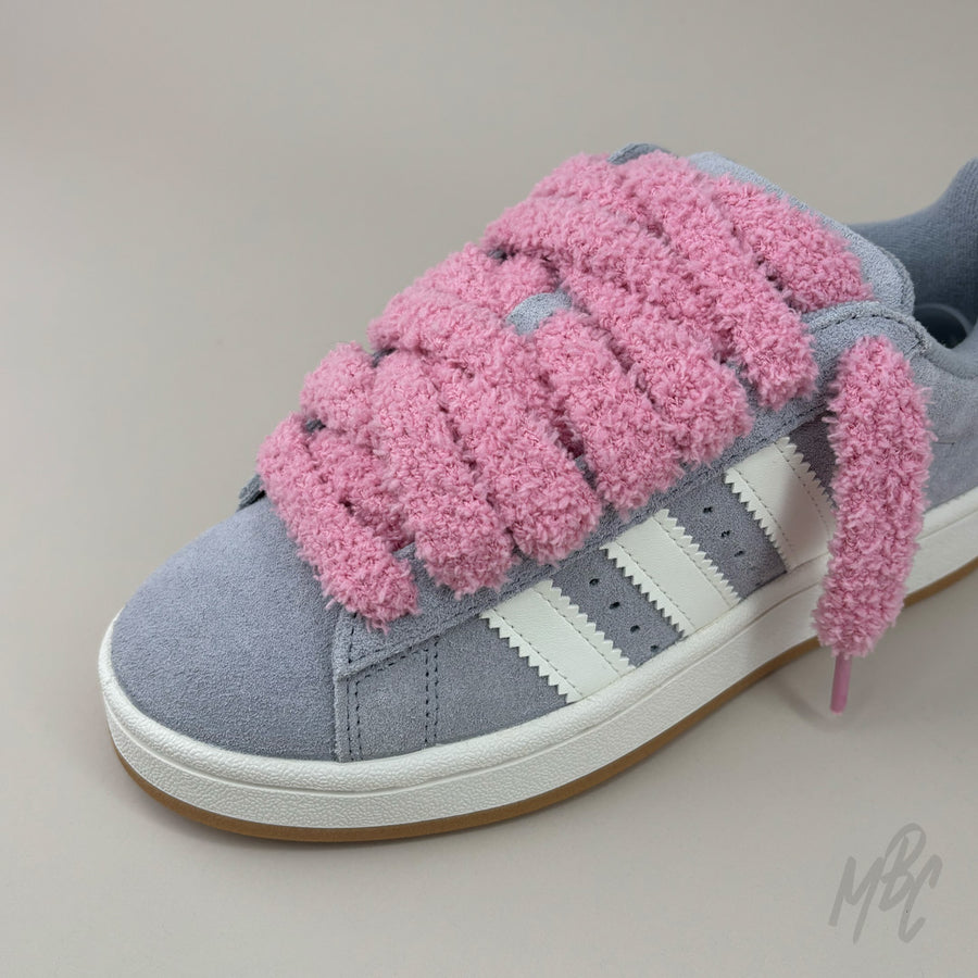 Pink Thick Fluffy Shoelaces on Blue Adidas Campus