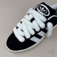 White Thick Fluffy Shoelaces on Adidas Campus