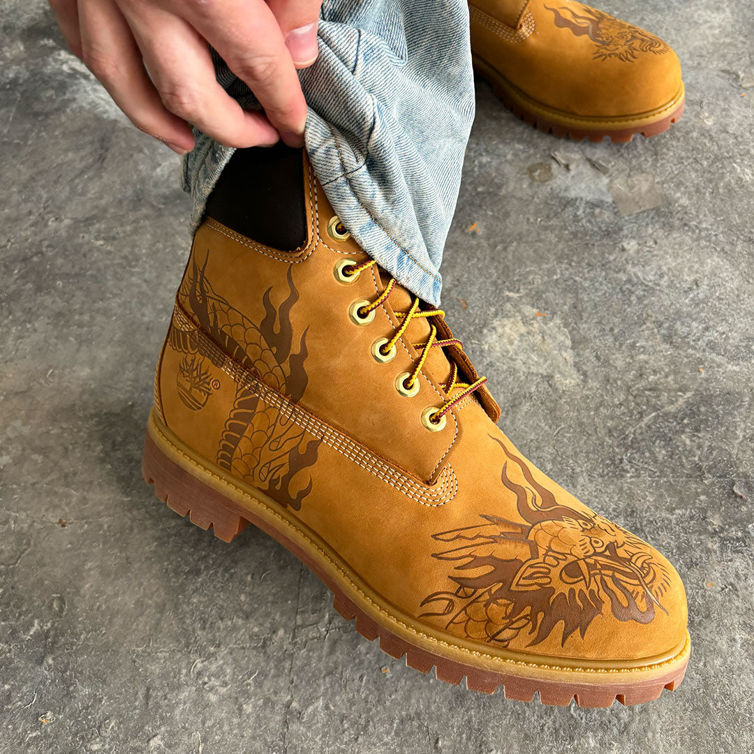 Custom Timberolands Flaming Dragon - Timberland Tan Boot Custom – MattB Customs