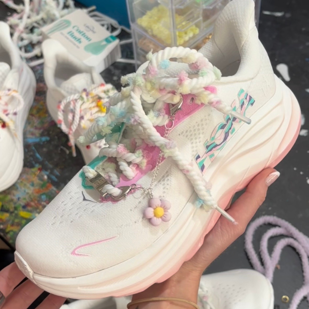 Customised Clifton 10's with custom artwork , laces and lace charms. Create at a Hoka x Run Northwest running shoe workshop hosted by MattB Customs