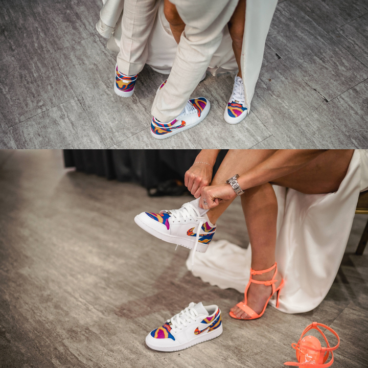 Bride putting on custom Air Force 1 trainers for the reception of her wedding. Another image of the bride and groom having their first dance in their customised sneakers. 