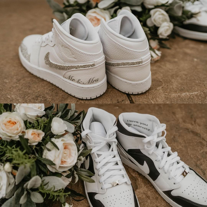 2 pairs of Jordan 1 Mid Nike Trainers with Wedding Themed Customisation