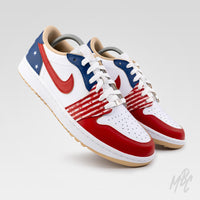 Angled view of the custom Stateside Drive Jordan 1 Low Golf featuring distressed American flag graphics, red hand painted panels and blue star heel details