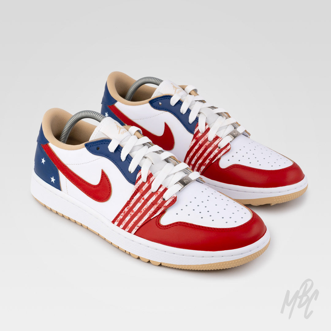 Custom Stateside Drive Jordan 1 Low Golf shoes with red, white and blue USA-inspired design by MattB Customs